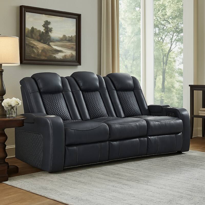 Fynne Power Reclining Sofa, LEDs, Sapphire Blue Faux Leather 85 Inch
