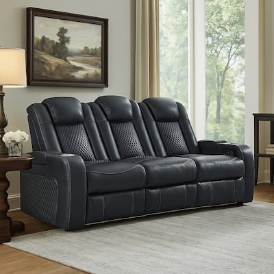 Fynne Power Reclining Sofa, LEDs, Sapphire Blue Faux Leather 85 Inch