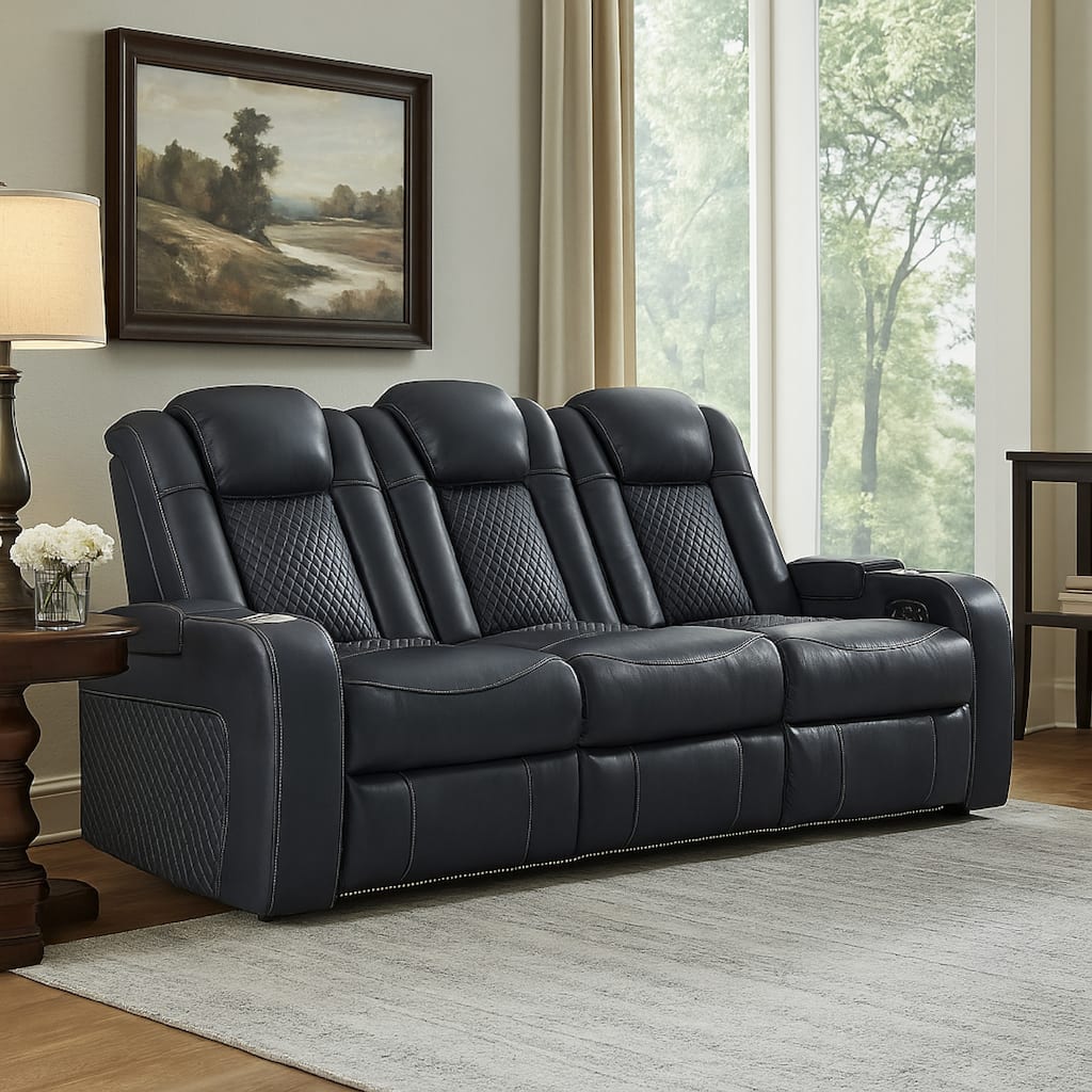 Fynne Power Reclining Sofa, LEDs, Sapphire Blue Faux Leather 85 Inch