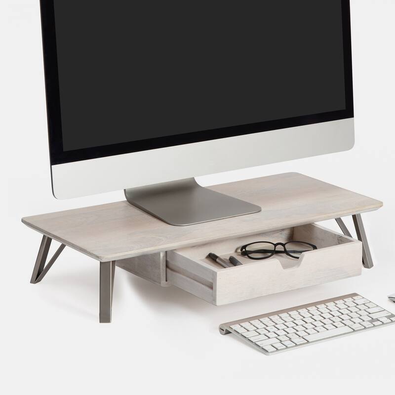 Jani Wood Monitor Stand Riser Desk - Ergonomic Design Stand, Desktop Organizer Table for Home, Office Workspace, Gaming Desk - Off-White