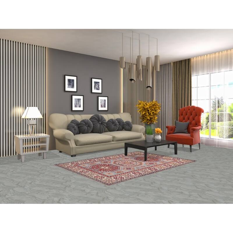 Blue Geometric Kazak Accent Rug Hand-Knotted Wool Carpet - 4'1" x 5'10"