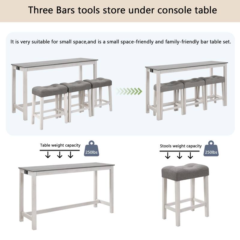4 Piece Farmhouse Bar, Table Set with Power Outlet, Dining Table Set w/3 Upholstered Stools, Wood Console Table Set for Kitchen