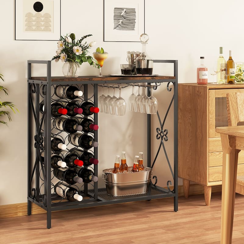 21 Bottle Wine Rack Floor Stand with Glass Holder and Storage Shelf
