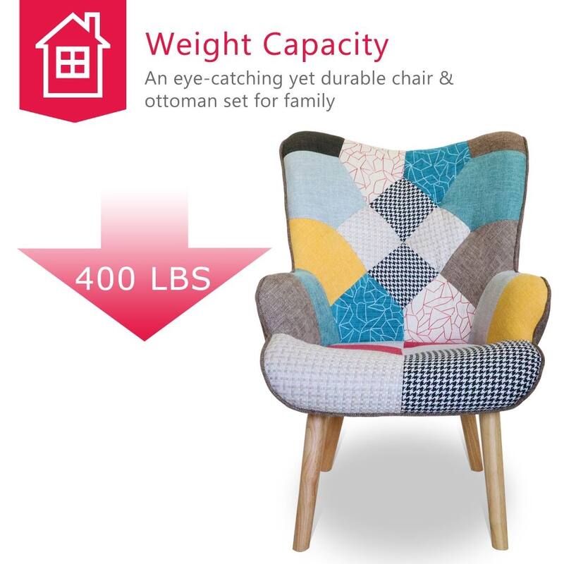 Accent Chair with Ottoman, Living Room Chair and Ottoman Set, Comfy Side Armchair for Bedroom, Creative Splicing Cloth Surface