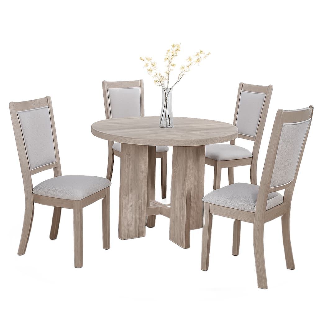 Moyo 5pc Dining Set, Light Gray, Rustic Style Gray Round Wood Top