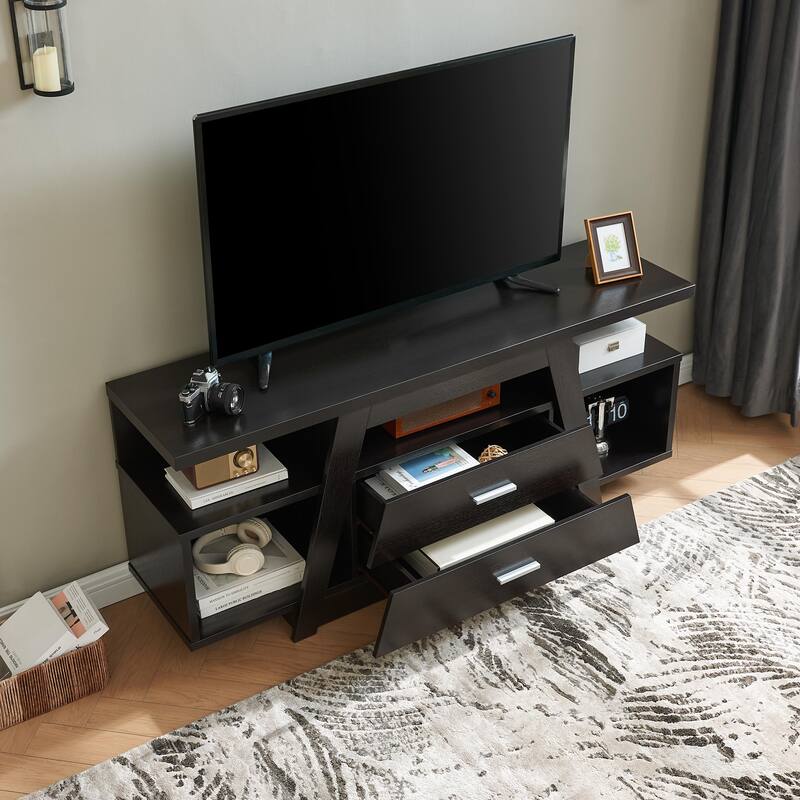 Two drawer tv stand cabinet tall with two cubbies divided shelf modern design