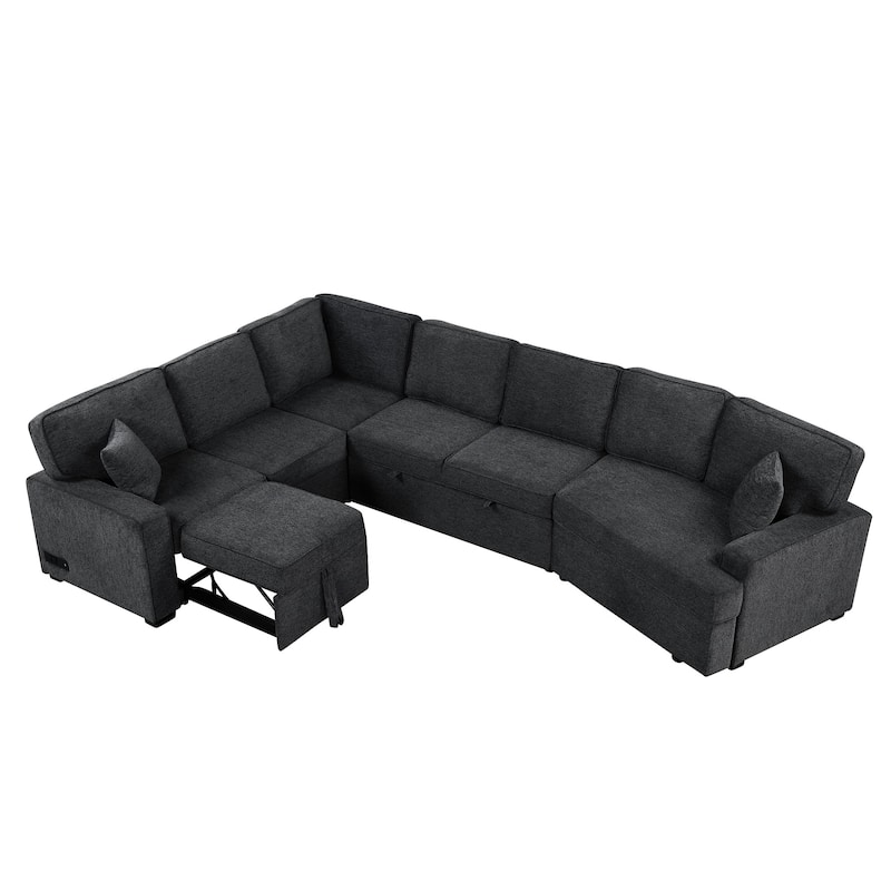 Chenille L-shaped Sectional Sofa, Pull Out Sofa Bed Modern Living Room Sleeper Sofa with Cup Holders and Charging Ports