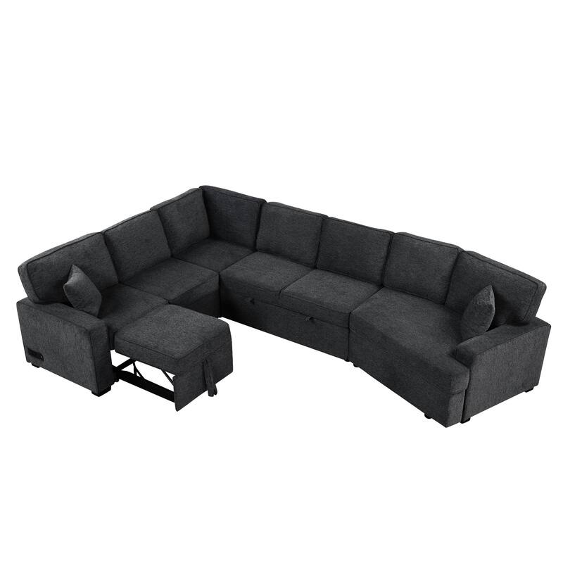 Modern 126" L-Shaped Sofa with Sleeper Bed, Cup Holders, and Power Outlets