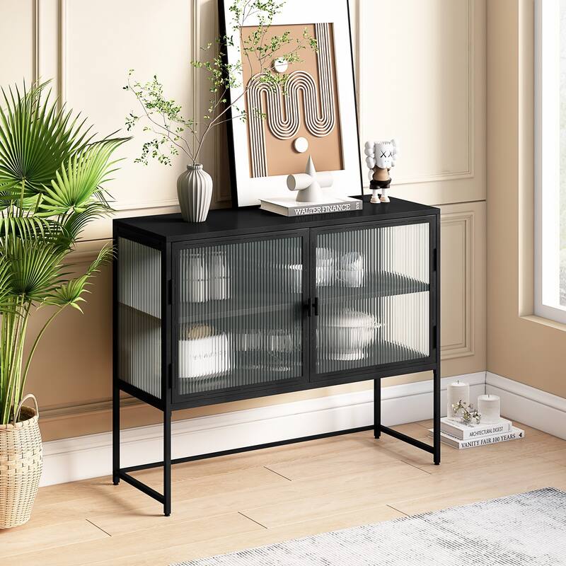 Modern Simple Style Sideboard with 2 Glass Doors and Metal Legs - Bed ...