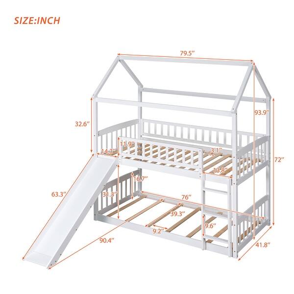 dimension image slide 1 of 2, Multifunctional Twin Over Twin Bunk Bed with Slide and Ladder,House Bed with Roof