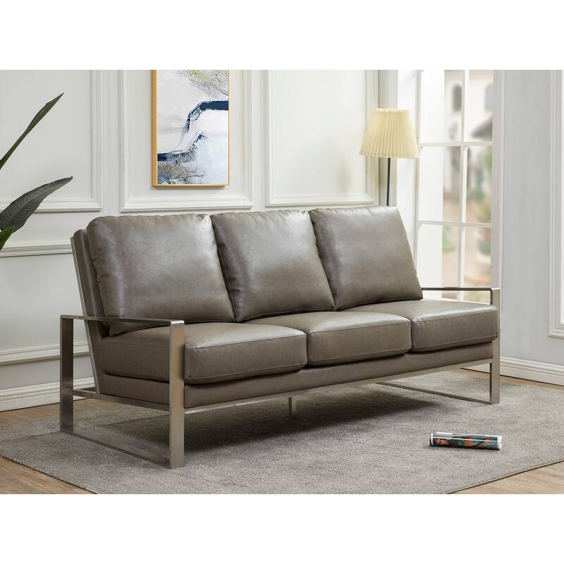 Jefferson 3 Seater Leather Sofa in Brushed Silver Stainless Steel Frame with Pocket Spring Couch for Living Room Office Lounge