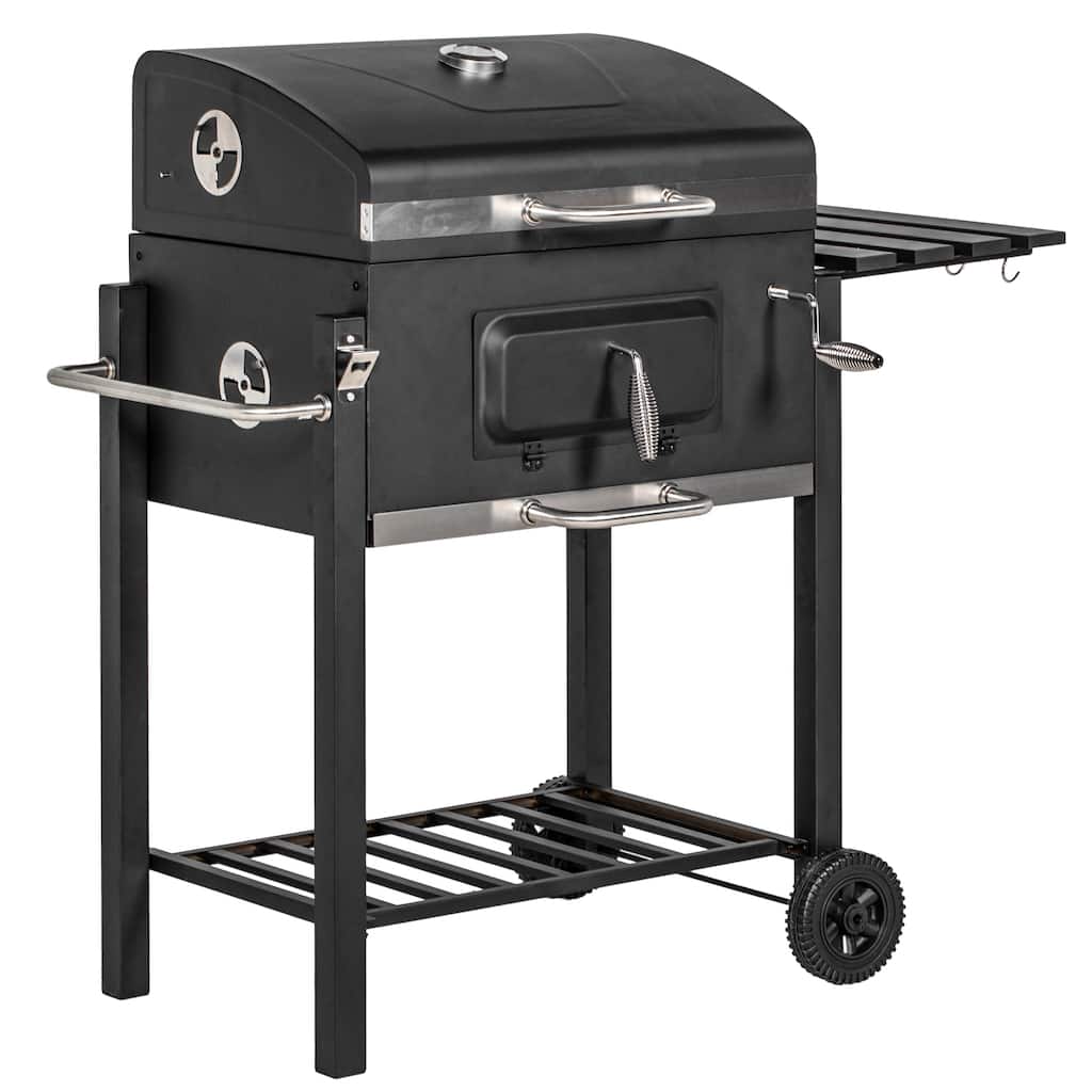 Charcoal BBQ Grill, Outdoor Portable Cooker for Camping or Backyard Picnic with Side Table, Bottom Storage Shelf