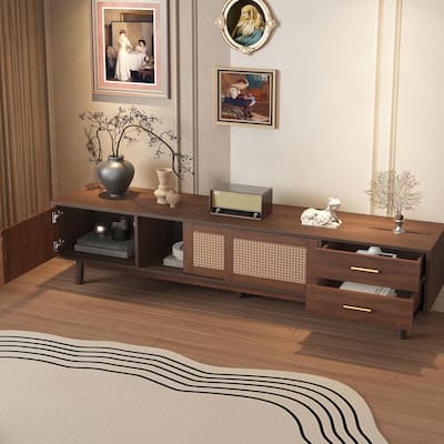 80" Mid Century TV Stand - Rattan Doors, Storage Drawers, Waterproof