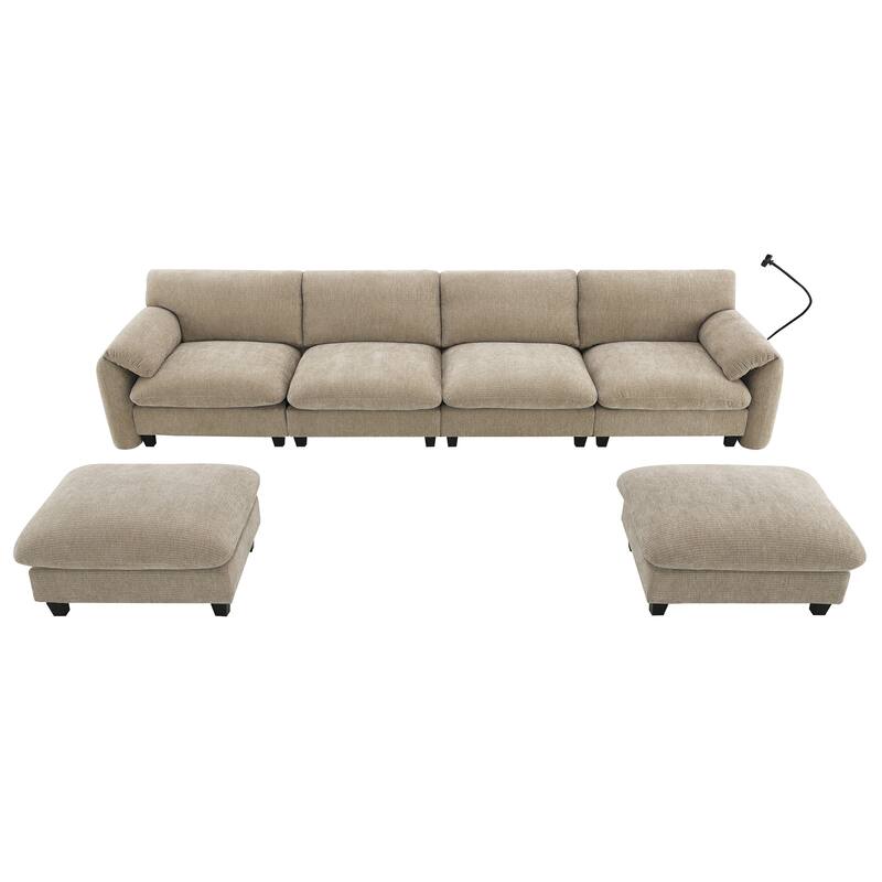 140-Inch Chenille Sectional Sofa with USB and Type-C Charging Ports, Phone Holders, Side Storage Pockets, Movement Ottomans