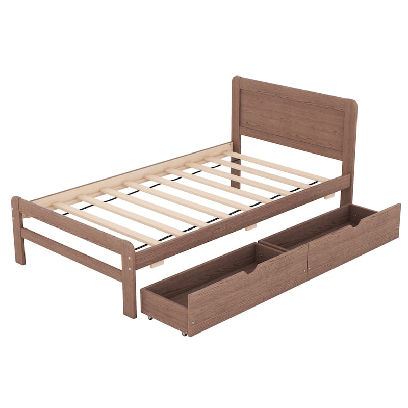 Modern Design Twin Size Platform Bed Frame with 2 Drawers, Grey