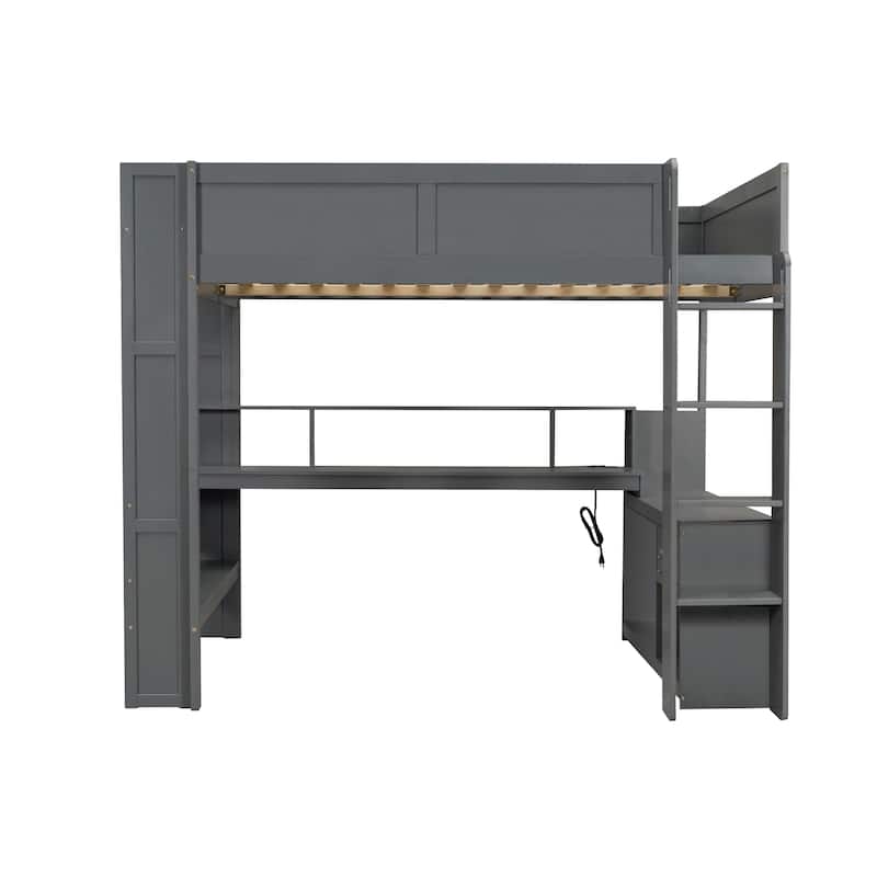 Dark Gray Wood Twin/Full Gamer's Loft Bed with LED Desk, Power Charging Station & Multi-Tier Shelving