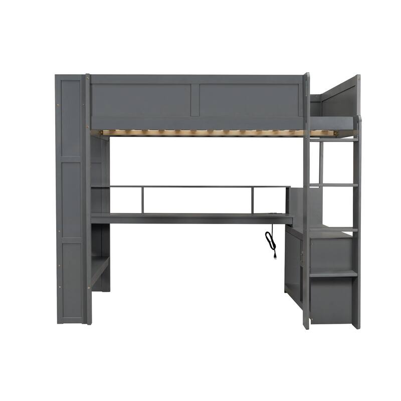 Full Size Loft Bed with Built-in Desk, LED Shelf Lighting, Charging Ports, and Storage Cabinet, Dark Gray Wood Frame
