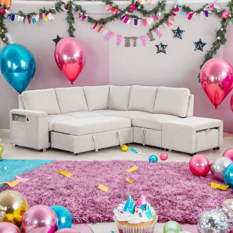 Modular L-Shaped Sectional Sofa, Pull out Sleeper Sofa Bed with Storage - Beige