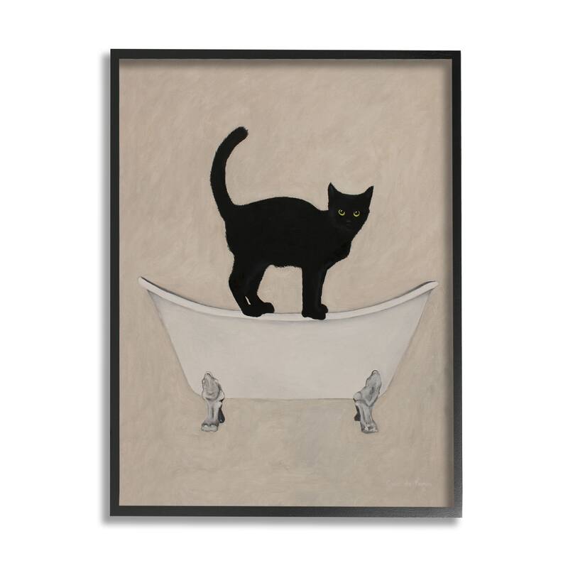 Stupell Black Cat Simple Claw Foot Bathtub Bathroom Painting Framed Wall Art - 16 x 20 - Black