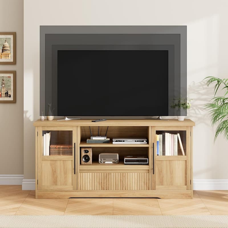 Retro TV Stand for 75 Inch TV Media Console with 2 Glass Cabinets & Open Shelves - N/A - Oak