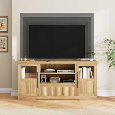 Retro TV Stand for 75 Inch TV Media Console with 2 Glass Cabinets & Open Shelves - N/A