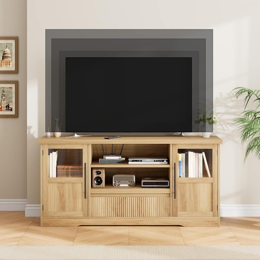 Retro TV Stand for 75 Inch TV Media Console with 2 Glass Cabinets & Open Shelves - N/A