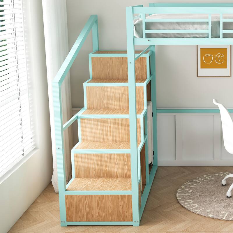 Roomfitters Full Size Loft Bed with Desk and Storage Cabinets, Metal High Sleeper with Staircase and Charging Station, Green