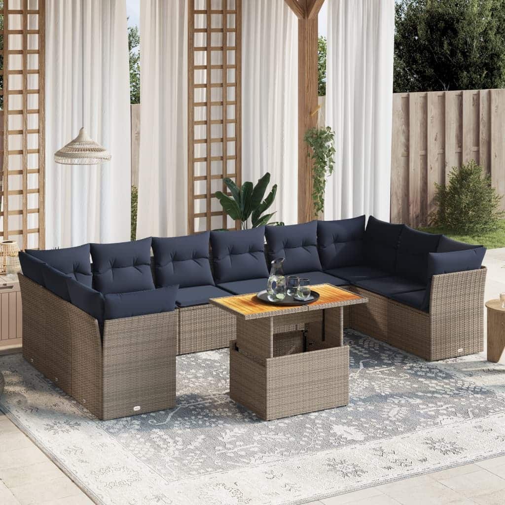 vidaXL 11 Piece Patio Sofa Set with Cushions Gray Poly Rattan - 24.4" x 24.4" x 27.2"