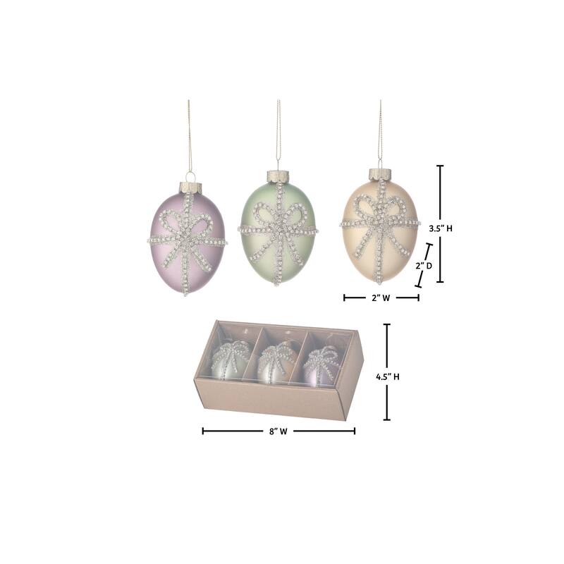 3.5" Glass Royalty Egg Ornament With Jewel Bow Box of 3