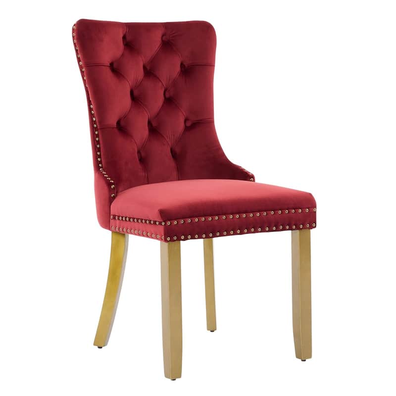 HomeRoots Set of Two Red and Gold Tufted Velvet And Solid Wood Dining Side Chairs - 19.70 in. x 37.50 in. x 17.30 in.