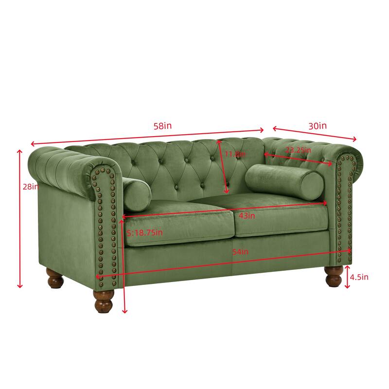 Velvet Chesterfield Loveseat, Button Tufted Upholstered 2 Seater Sofa, Sofa with Rolled Arms & Nailhead Trims聽