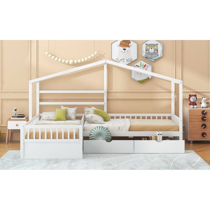 Twin Size House Platform Bed with Three Storage Drawers