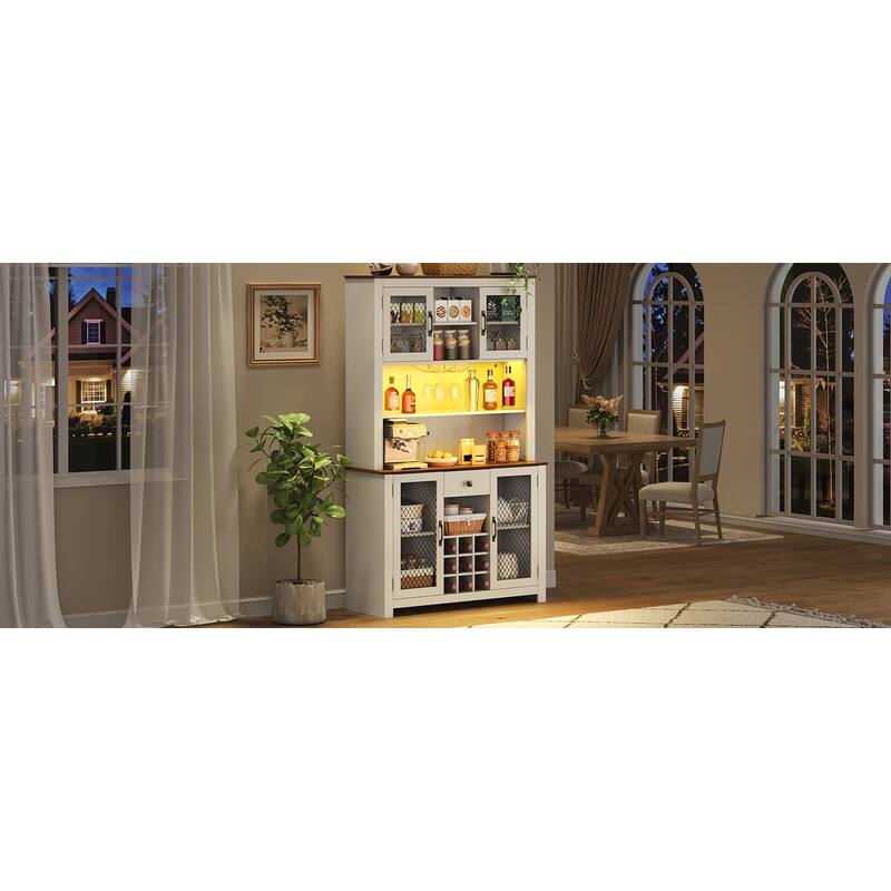71" Pantry Cabinet, Coffee Bar Storage Cabinet with Charging Station & LED Lights, Tall Kitchen Hutch Cabinet with Wine Rack