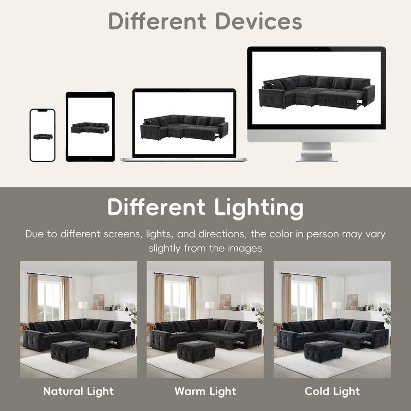 Tufted Chenille Sectional Sofa with Pull-out Bed, Flip-up Table Panel, Reading Lamp, Charging Ports, Storage Ottoman, 6 Pillows