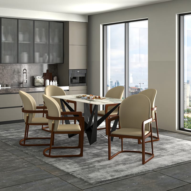 Svelta Mid-Century Modern Armchair Dining Chairs (Set of 4) with Easy-Clean Vegan Leather and Solid Wood Legs