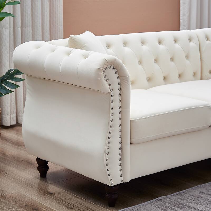 L-shape Corner Sectional Sofa with Button Tufted Back and 3 Pillows