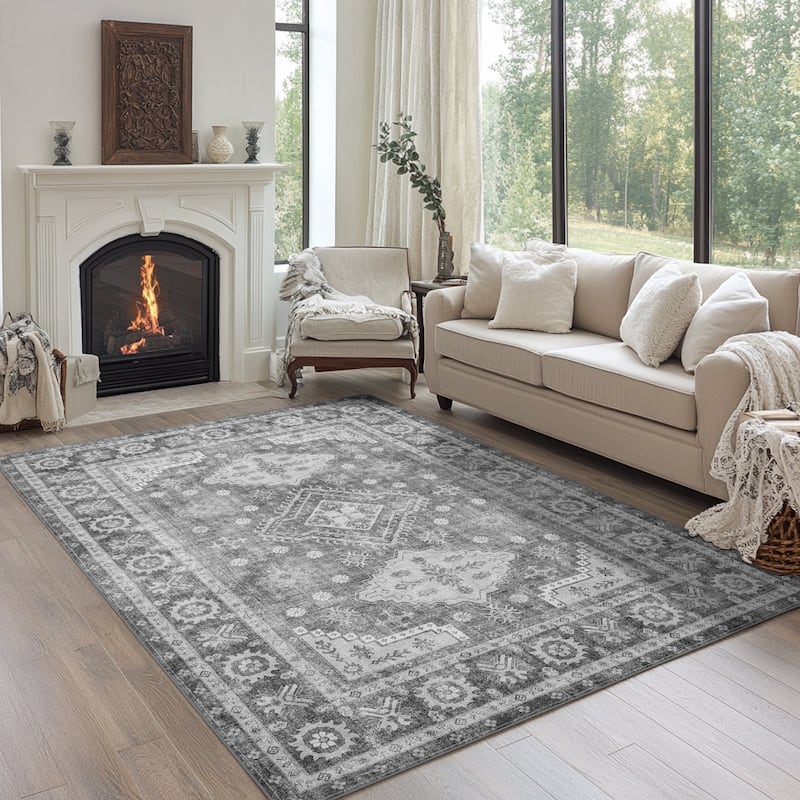 Mcow Sage Green Boho Pattern Ultra-Thin Low-Pile Washable Non-Slip Area Rug - 5' x 7' - Light Grey - Rectangle