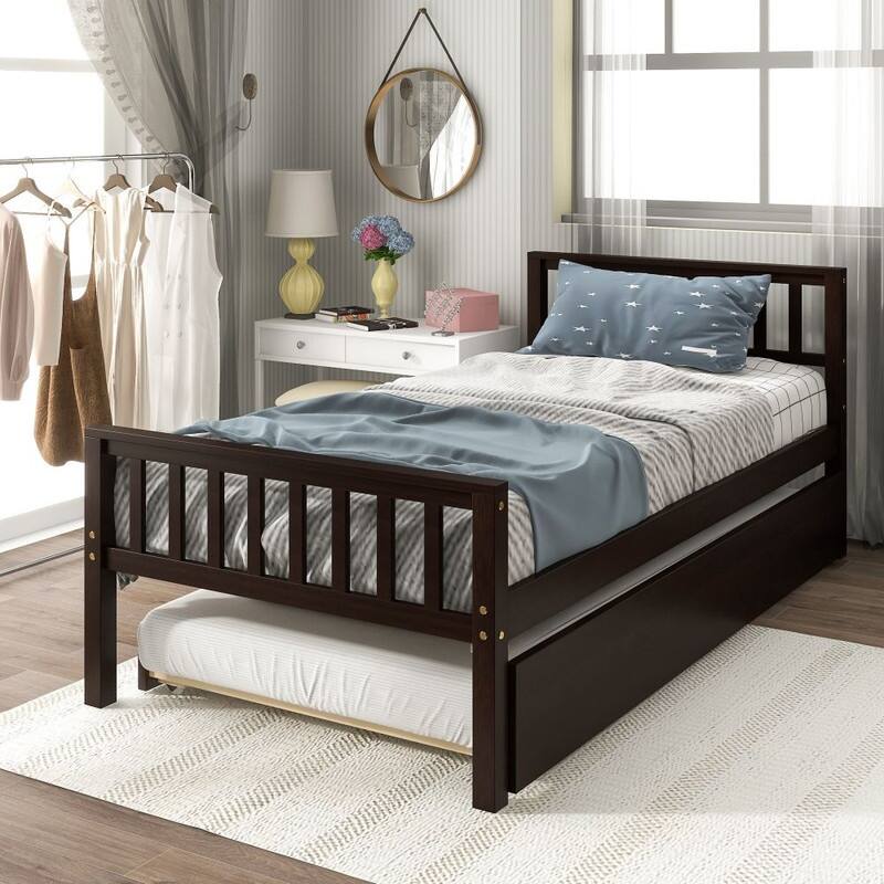 Platform Bed Frame with Headboard and Footboard，Twin Size Bed with Trundle