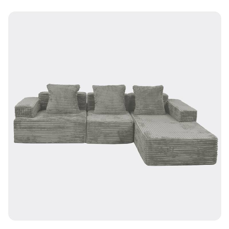 Compression Sectional Sofa with L Shape Chaise, Corduroy Deep Seat Boneless Couches, Modular 3 Seat Corner Sofa