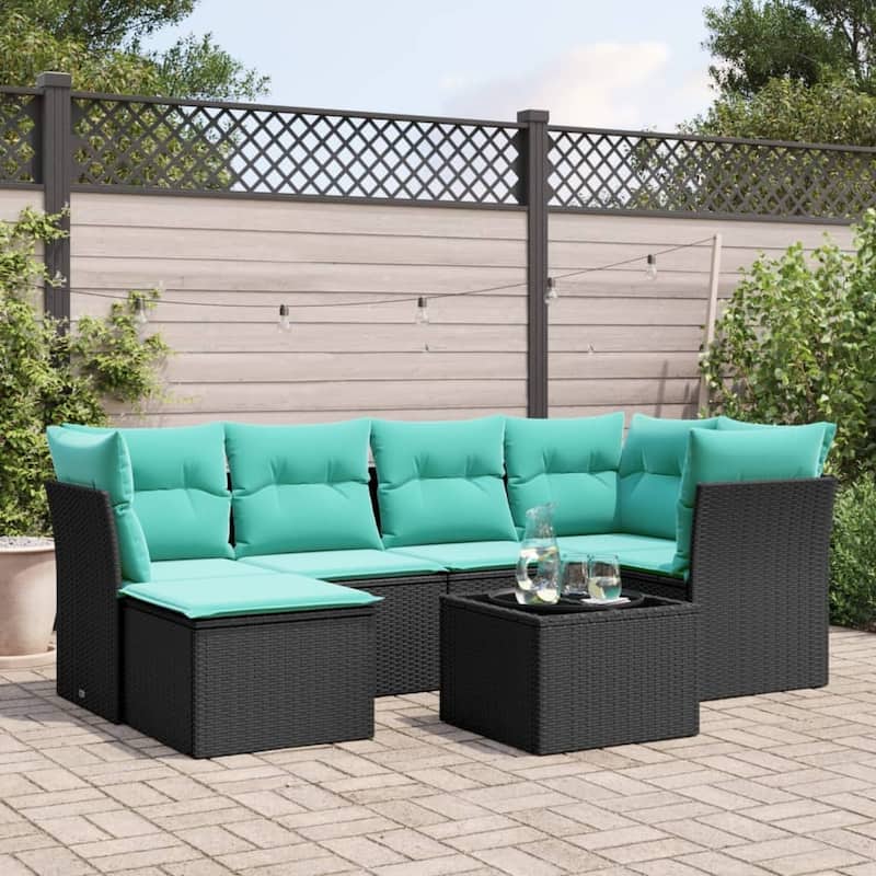 vidaXL 6 Piece Patio Sofa Set with Cushions Black Poly Rattan - 92.1x27.2x48.8-With table