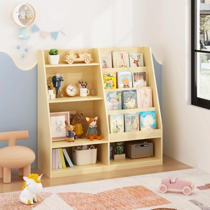 Kids Wooden Bookshelf and Toy Storage Organizer with 4-Tier Shelves - Natural