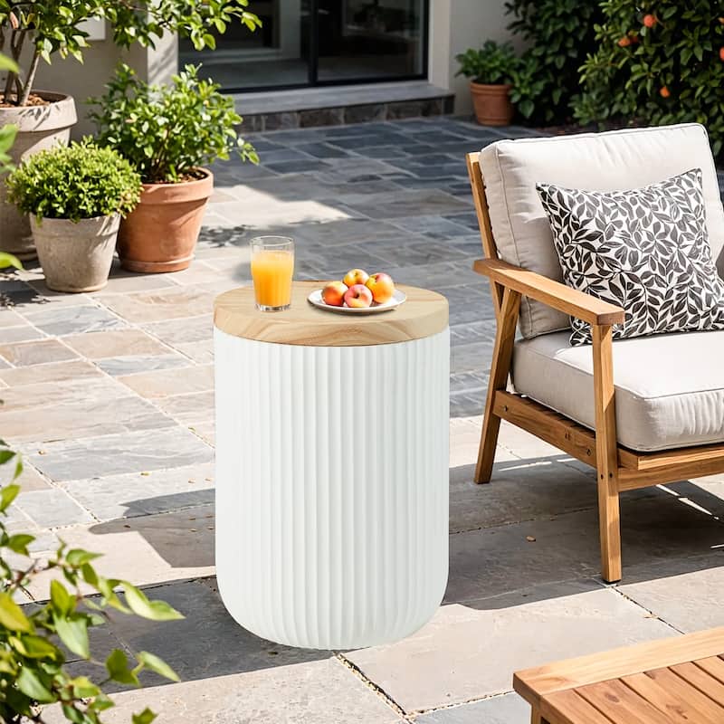EROMMY Outdoor Side Table with Storage, Round Accent Table for Indoor and Outdoor Use, Rustic Side Table with Storage