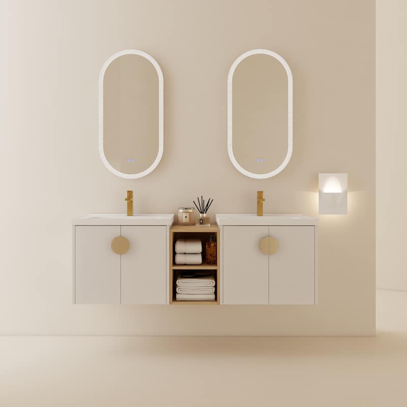 GDFStudio - Emerson Stylish Wall-Mounted Bathroom Vanity with Soft-Close Doors and Ceramic Sink - 60 Inch - Gloss White