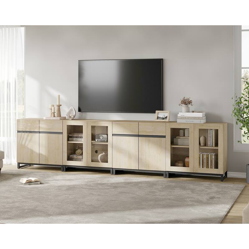 4 in 1 TV Stand for 120" TVs, Modern Entertainment Center with Glass Doors & Metal Legs - 126 inches - Beige