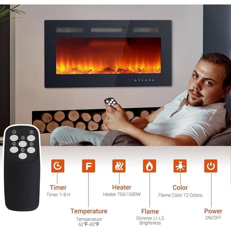 Wall Mount Electric Fireplace, Touch Screen and Remote Control, 12 Flame Colors