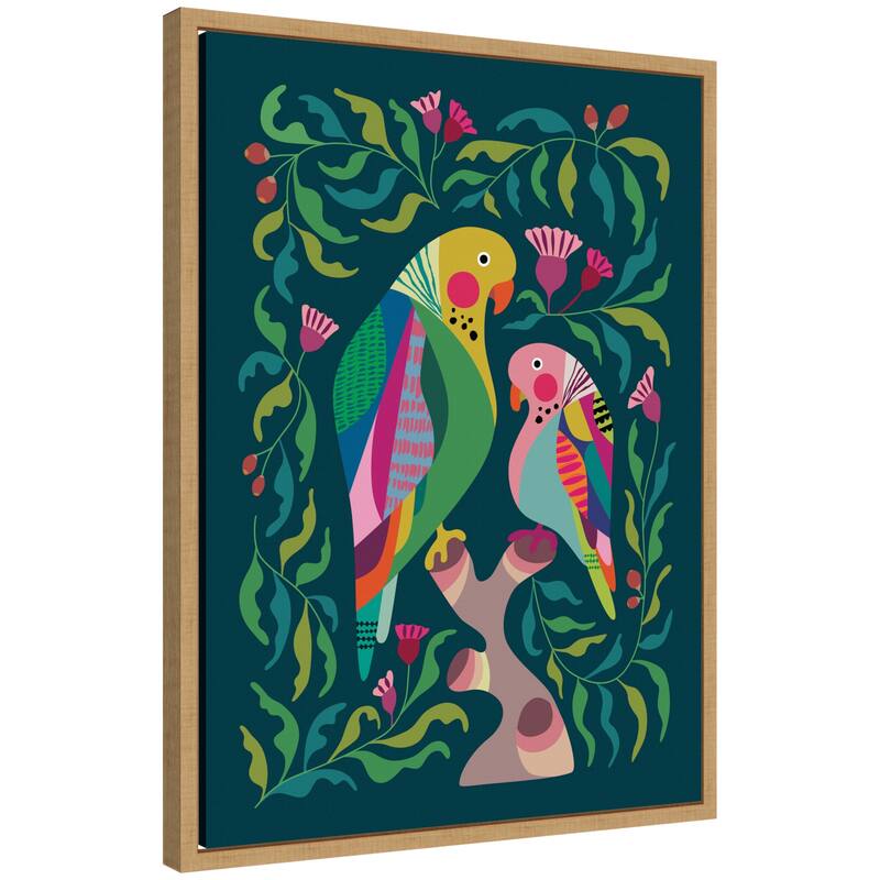 Kate and Laurel Budgies by Rachel Lee Framed Canvas Wall Art Print - 18 x 24 - Brown