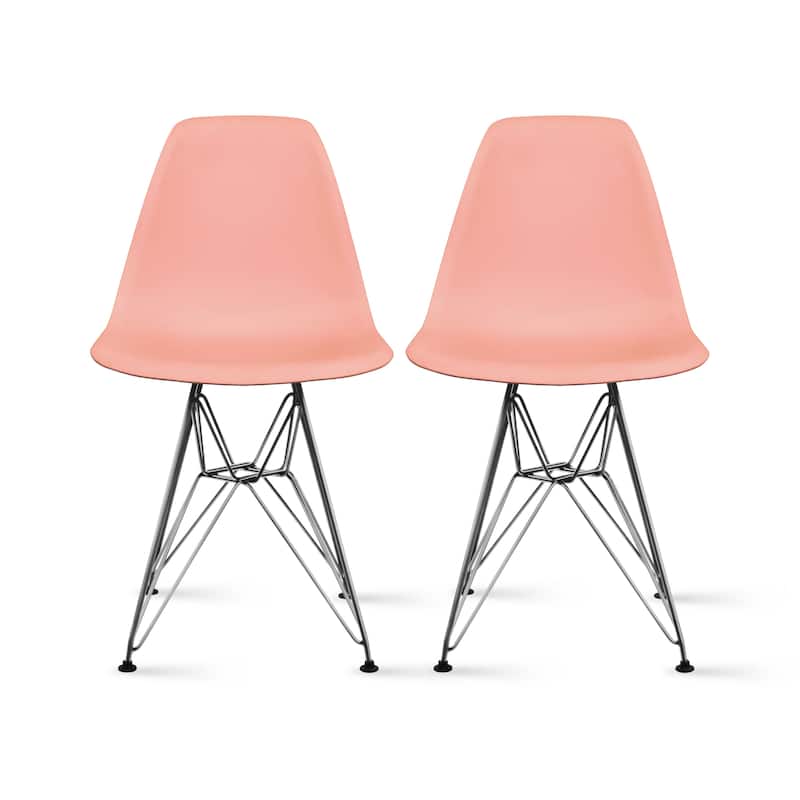 Set of 2 Modern Colorful DSW-Style Armless Dining Chairs – UV‑Resistant Molded Plastic Shells on Chrome Eiffel Legs for Kitchen - Coral Pink
