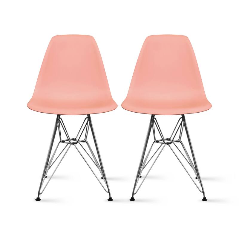 Set of 2 Modern Designer Plastic Dining Chairs with Aluminum Metal Legs, Accent Side Chairs - Pink