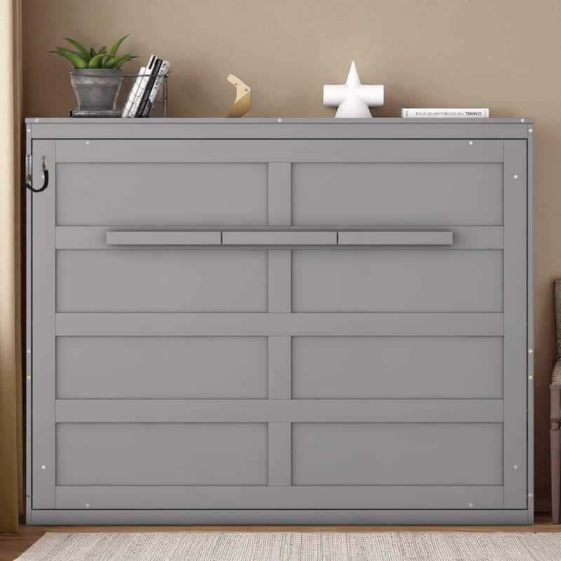 Full/Queen Size Murphy Wall Bed with Folding Cabinet, Piston Lift Mechanism, Slatted Base, Space-Saving Design