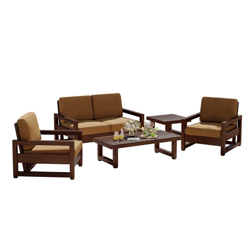 5-Piece Patio Wood Conversation Set with Loveseat, Chairs and Tables